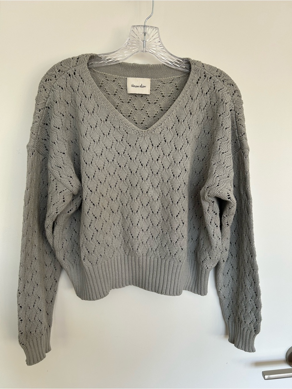 Steven Alan V-Neck Eyelet Knit Sweater in Light Gray 100% Cotton